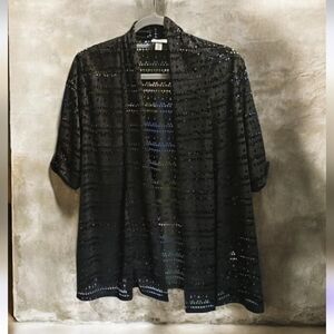 Kim Rogers Cardigan looks crocheted PXL short sleeve worn 1x black